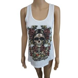 Mare Blue 100% cotton Medium white tank top floral skeleton day of the dead